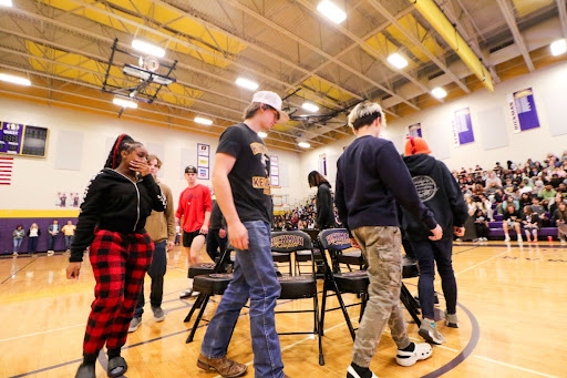 Ready to play: Hickman High School students play musical chairs to celebrate the 50th anniversary of hip-hop at the Black History Month Assembly on Feb. 21. 