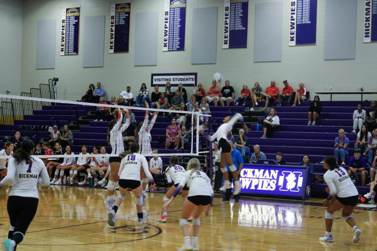 Senior Kyah Baker jumps up for a kill in Hickman’s five-set loss against Hannibal. 9/17/24

