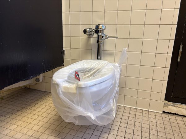 The accessible stall in the bathroom across from room 223. The stall door is missing and the toilet is broken on Dec. 4.