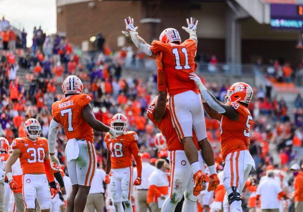 Clemson, a team in this year college football playoff celebrate after a touchdown.