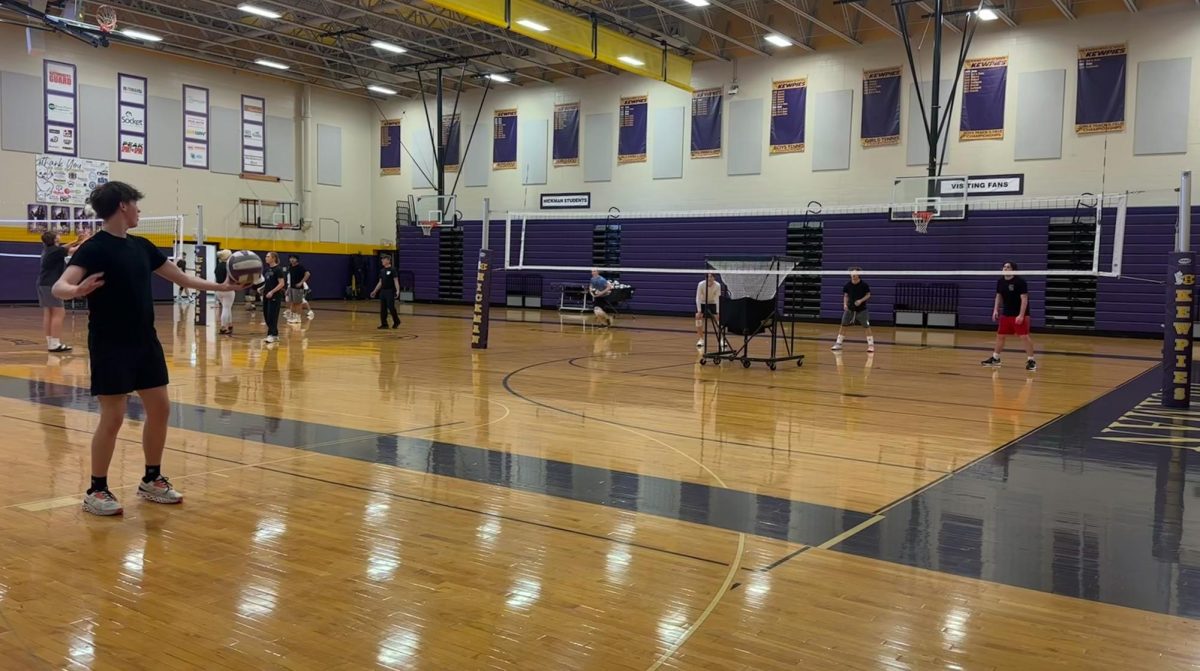 The boys' volleyball team  practices on April 28th, preparing for a game against Battle with Tolton 