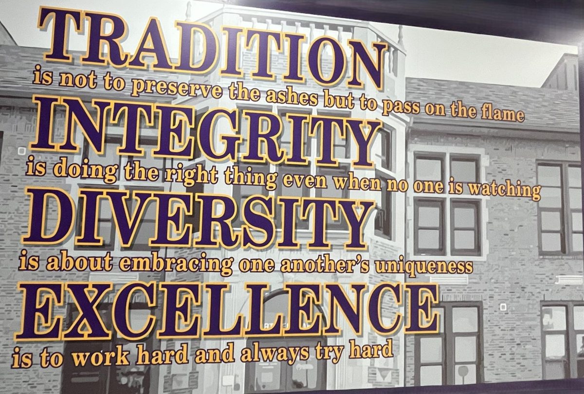 Banner proudly displayed on the walls of Hickman's halls. Students pass this motto every day, and are reminded of it's importance by their   different admin. 