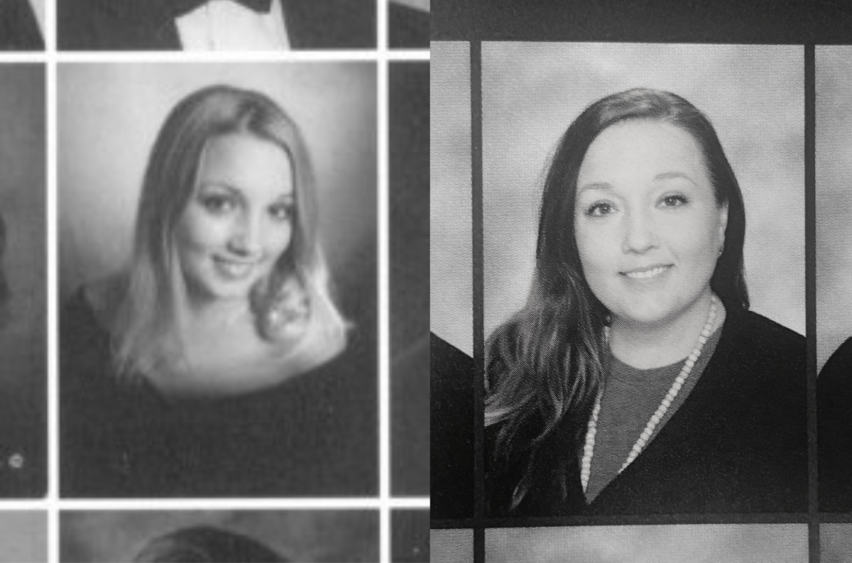 A side-by-side comparison of Mary M. Grupe, showing her original 2001 senior portrait as a Hickman High School student (left) and her professional portrait as Principal (right).