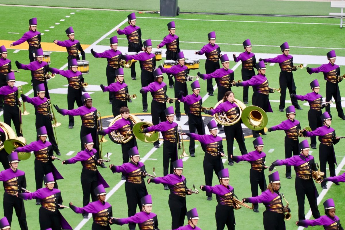 Marching band performing during a half time show. 
